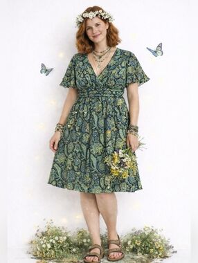 Women's Size 2X Paisley V-Neck Midi Dress Fairy Festival Artsy